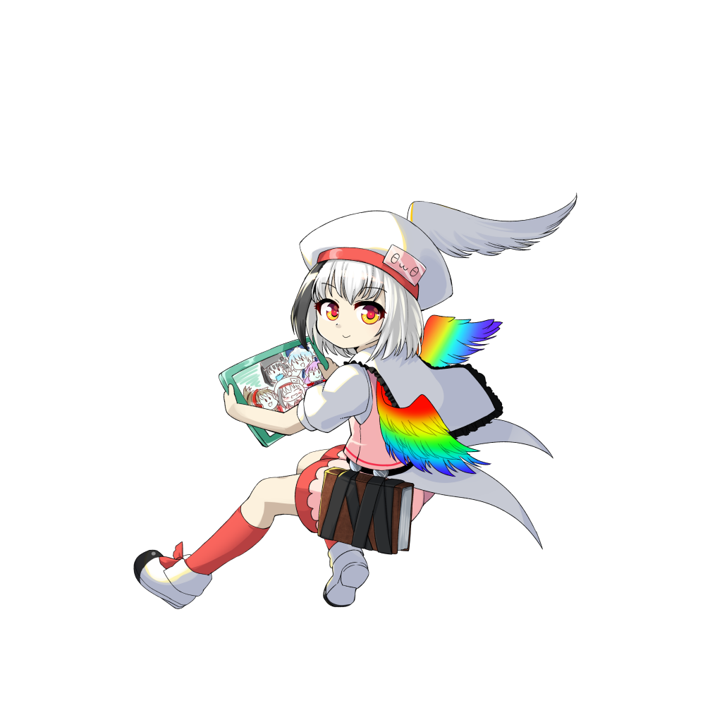 6+girls anmita_(rarutos) aosagi_hikariko black_hair blonde_hair closed_mouth hat higami_ranran hollow_song_of_birds invisible_chair looking_at_viewer multicolored_hair multiple_girls original pink_shorts pink_vest puffy_short_sleeves puffy_sleeves rainbow_wings red_socks set-taishou shirobakama_chii shirt shoes short_hair short_sleeves shorts simple_background sitting smile socks streaked_hair tokujakubou_shiran torisumi_horou touhou transparent_background vest white_headwear white_shirt white_shoes wings yellow_eyes