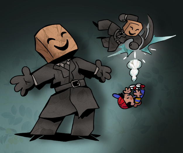 2boys backpack bag baseball_cap belt casiopaper coat emio famicom_tantei_club fighting full_body gloves hat mask mother_(series) mother_2 multiple_boys necktie ness_(mother_2) nintendo paper_bag shorts super_smash_bros. trench_coat