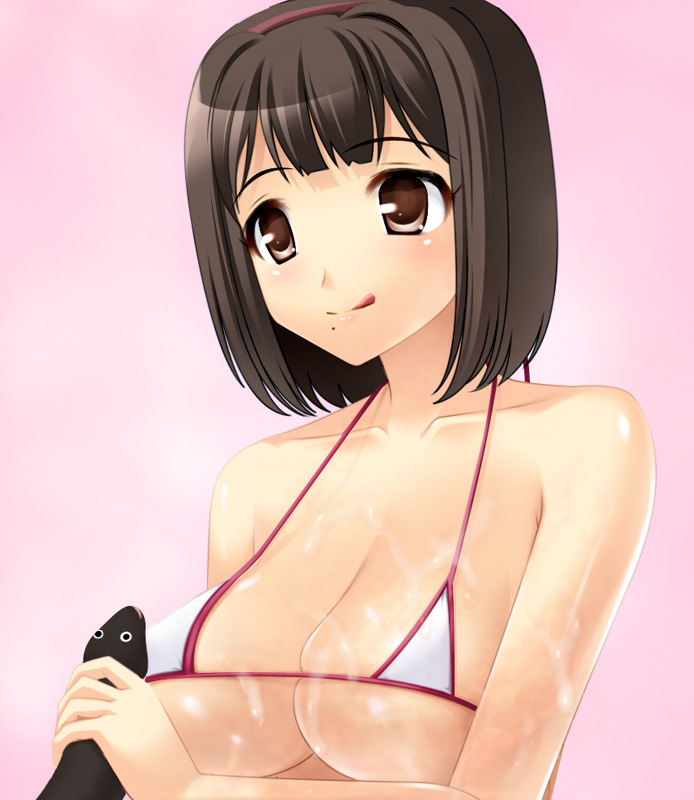 1girl :q animal arm_at_side bad_id bad_nicoseiga_id bare_shoulders bikini black_eyes breasts brown_eyes brown_hair cleavage closed_mouth collarbone copyright_request eel female_focus hairband holding holding_animal large_breasts licking_lips micro_bikini pink_background sexually_suggestive short_hair simple_background smile solo suggestive_fluid swimsuit tareme tongue tongue_out totokichi underboob upper_body white_bikini