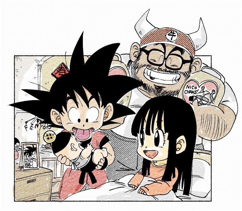1girl 3boys :p ^_^ baby beard bed bed_sheet black-framed_eyewear black_eyes black_hair blunt_bangs carrying chi-chi_(dragon_ball) child closed_eyes commentary_request couple dot_nose dougi dragon_ball dragon_ball_(classic) dragon_ball_(object) eyelashes facial_hair father_and_daughter father_and_son fenyon framed glasses grandfather_and_grandson gyuu_mao happy hat height_difference hetero hime_cut indoors long_hair long_sleeves looking_at_another looking_down mother_and_son multiple_boys mustache nightstand on_bed open_mouth orange_shirt outside_border photo_(object) pillow shirt sidelocks sitting smile son_gohan son_goku spiked_hair standing straight_hair tongue tongue_out twitter_username under_covers wristband