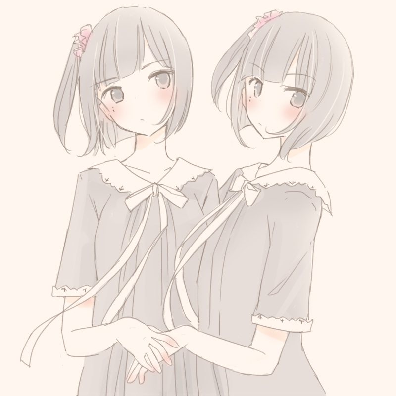2girls alternate_hairstyle black_hair blush fake_mole flowers_(innocent_grey) hair_ornament hair_scrunchie holding_hands inutose light_frown looking_at_viewer matching_hairstyle mole mole_under_eye multiple_girls multiple_moles one_side_up sasaki_ichigo sasaki_ringo school_uniform scrunchie short_hair short_sleeves siblings sisters twins