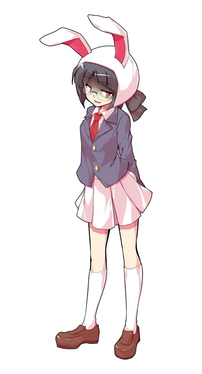 1girl animal_ears arms_behind_back black_hair black_jacket blunt_bangs brown_shoes collared_shirt commentary_request dairi ears_through_hood full_body glasses highres hood hood_up jacket kneehighs large_variant_set loafers long_sleeves looking_at_viewer moon_rabbit_extra_(touhou) necktie open_mouth pleated_skirt rabbit_ears red_eyes red_necktie shaded_face shirt shoes short_hair skirt smile socks solo standing tachi-e touhou transparent_background variant_set white_shirt white_skirt white_socks