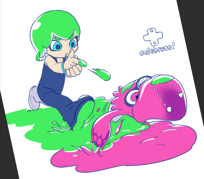 1girl animalization blue_eyes eyeliner finger_gun foo_fighters_(jojo) fusion green_hair hakmonss horned_hat inkling inkling_(swim_form) inkling_boy inkling_player_character jojo_no_kimyou_na_bouken makeup narciso_anasui nintendo octoling octoling_girl octoling_player_character overalls paint_gun paint_splatter splatoon_(series) squid stone_ocean tentacle_hair