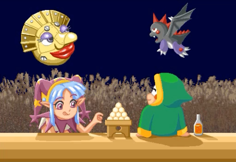1girl bottle bubble_bobble cleon_(puzzle_bobble) develon drunk_(character) food madame_luna night night_sky puzzle_bobble sky taito