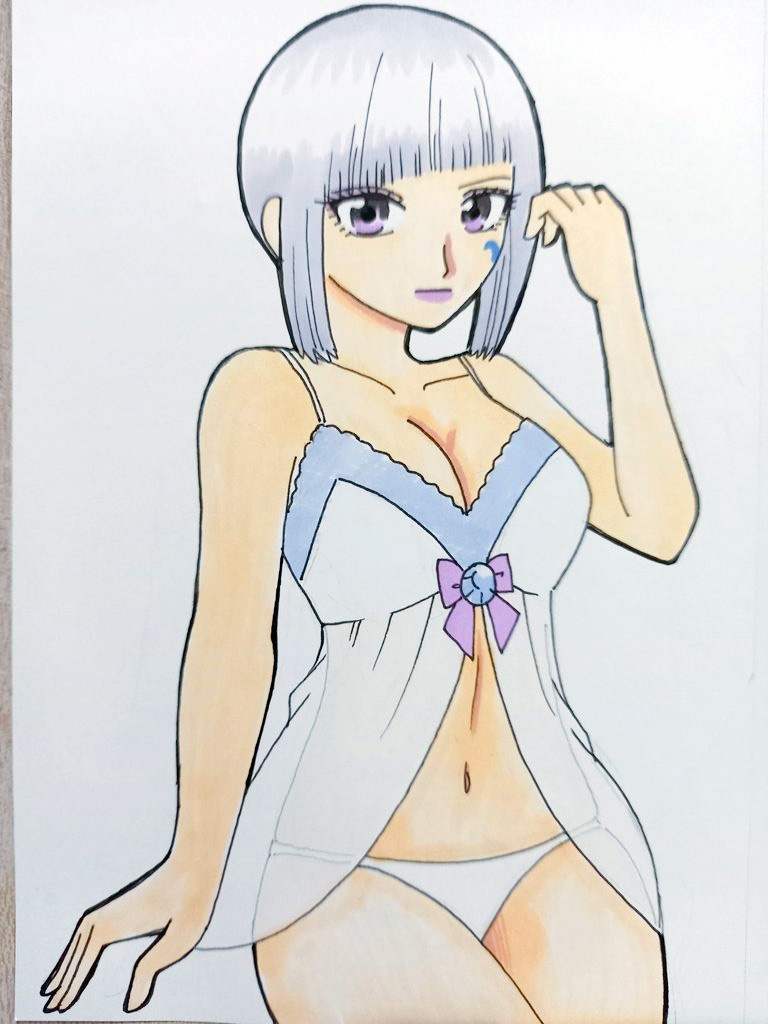 1girl bow breasts cleavage collarbone facial_tattoo grey_hair kwai_chi large_breasts lingerie looking_at_viewer mashin_sentai_kiramager navel nightgown panties purple_eyes short_hair super_sentai tattoo underwear white_background white_panties yodonna