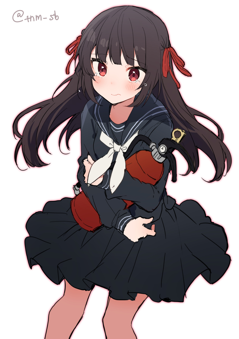 1girl black_sailor_collar black_serafuku black_shirt black_skirt blush brown_hair closed_mouth female_focus fire_extinguisher hair_ribbon himeno_mikoto hugging_object ikeuchi_tanuma kaii_shoukougun long_hair looking_at_viewer pleated_skirt red_eyes red_ribbon ribbon sailor_collar school_uniform serafuku shirt simple_background skirt solo tears very_long_hair wavy_mouth white_background