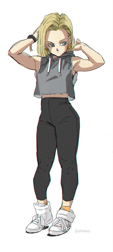 1girl android_18 ashley_swidowski blonde_hair blouse blue_eyes bob_cut cropped_hoodie dragon_ball earrings full_body grey_shirt hand_in_own_hair high-waist_pants hood hoodie jewelry leggings muscular muscular_female orange_socks pants shirt shoes short_hair side_part simple_background sleeveless sleeveless_hoodie socks solo white_background white_shoes wristband