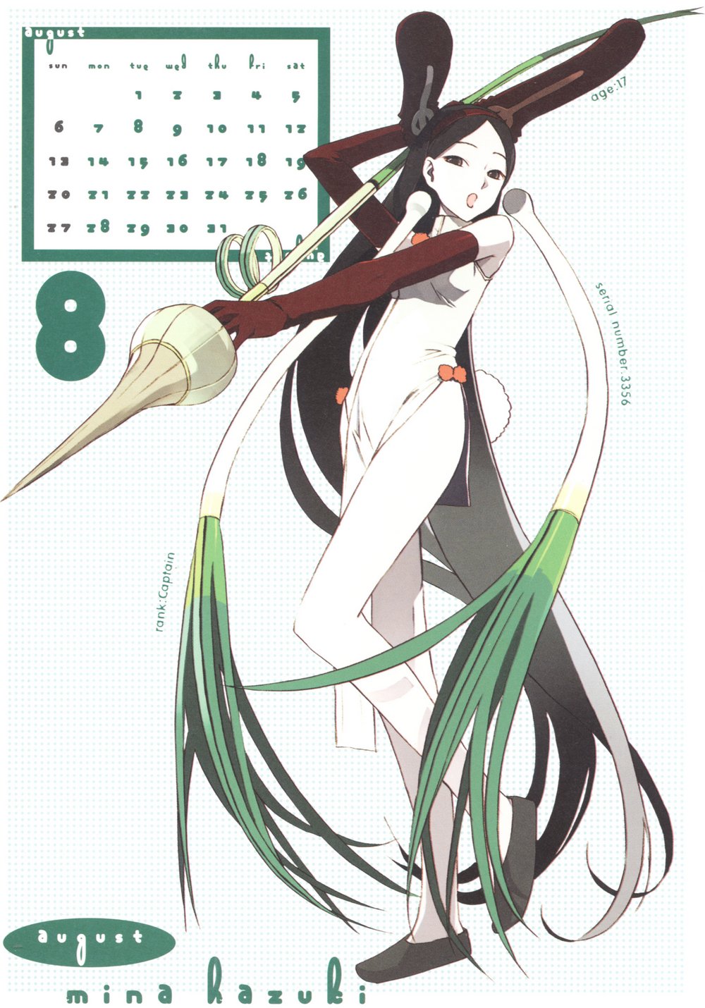 00s 1girl 2006 :o animal_ears arm_behind_head arm_up armpits august bare_shoulders black_hair calendar character_name china_dress chinese_clothes dress elbow_gloves female_focus fighting_stance flats getsumento_heiki_miina gloves gradient_hair grey_eyes hairband hazuki_mina hazuki_mina_(getsumento) hazuki_mina_(getsumento_heiki_miina) highres holding legs long_hair long_legs looking_at_viewer magical_girl mi_nansou multicolored_hair official_art okama open_mouth outstretched_arm pale_skin polearm polka_dot polka_dot_background profile qiang_(weapon) rabbit_ears rabbit_tail scan shoes side_slit solo spear spring_onion standing tail tiptoes very_long_hair weapon