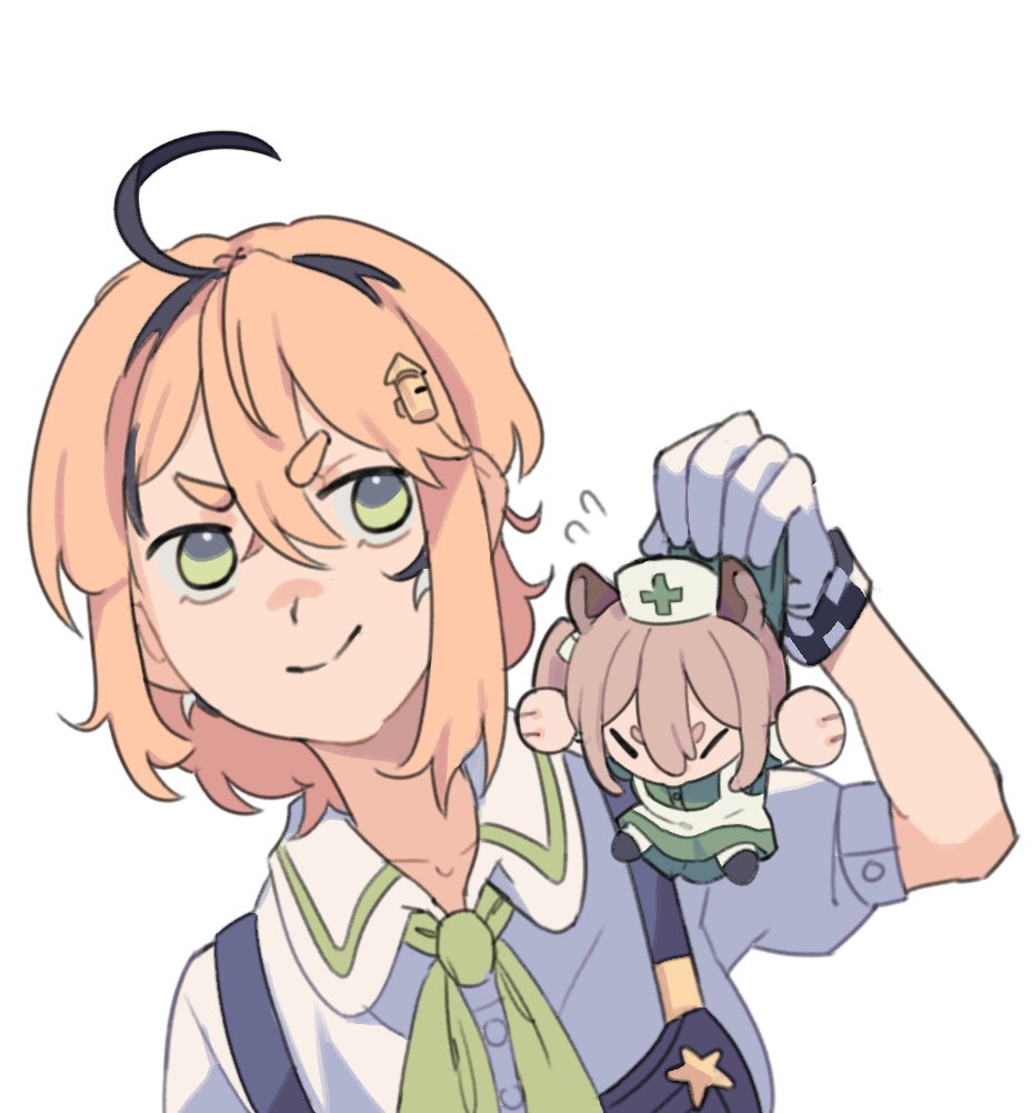 2girls addendium ahoge animal_ears apron blonde_hair blue_overalls brown_hair dooby_(vtuber) dress gloves green_dress green_eyes hat indie_virtual_youtuber long_sleeves looking_at_viewer medium_hair mini_person minigirl multiple_girls nimi_nightmare nurse_cap overalls short_hair simple_background tapir_ears tapir_girl virtual_youtuber white_apron white_background white_gloves