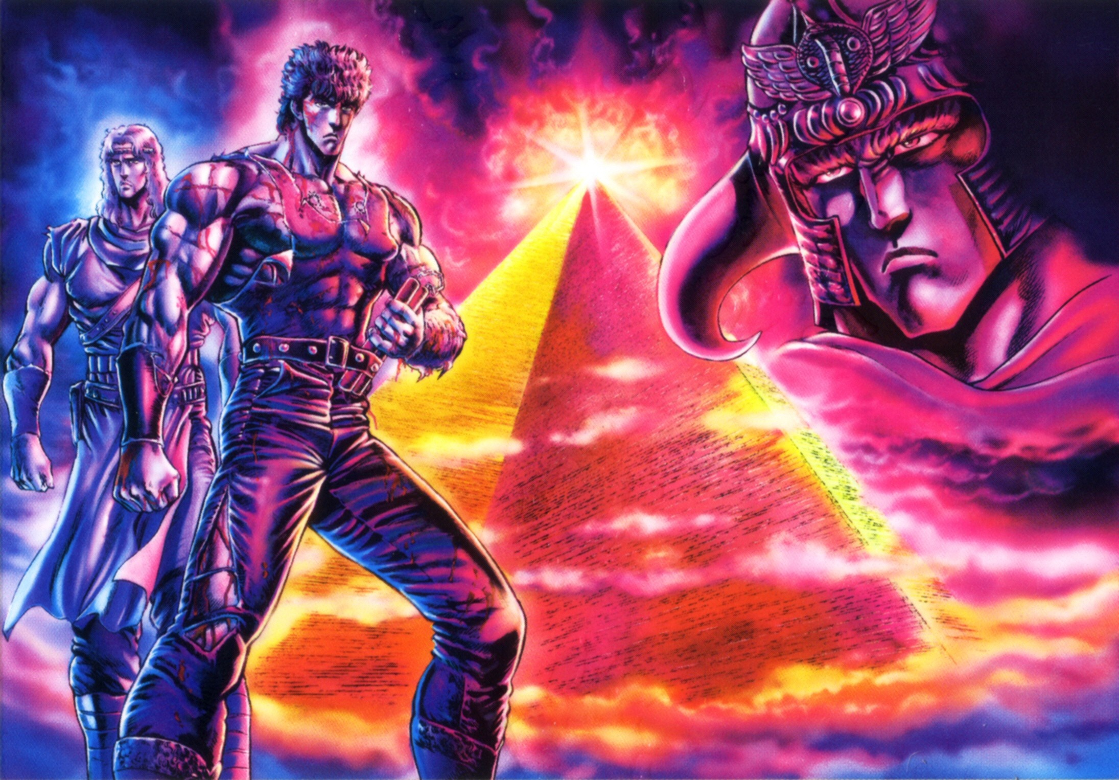 3boys bare_shoulders belt denim fake_horns hara_tetsuo headband helmet highres hokuto_no_ken horned_helmet horns jeans kenshiro long_hair multiple_boys muscular muscular_male nunchaku official_art pants pyramid_(structure) raoh_(hokuto_no_ken) shirt short_hair sleeveless sleeveless_shirt toki_(hokuto_no_ken) torn_clothes torn_jeans torn_pants weapon white_hair wristband
