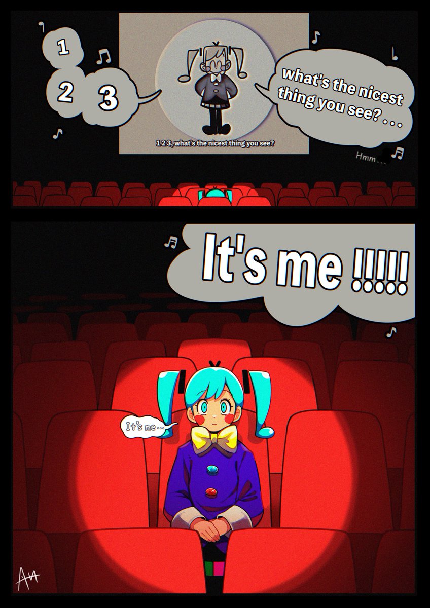 1girl aqua_eyes aqua_hair blue_jacket bow bowtie commentary detached_hair english_commentary english_text hatsune_miku highres jacket looking_ahead lyrics mixed-language_commentary movie_theater sato_(r017xts117) short_twintails sitting solo speech_bubble spotlight static_(vocaloid) theater_seating twintails vocaloid wide-eyed yellow_bow yellow_bowtie
