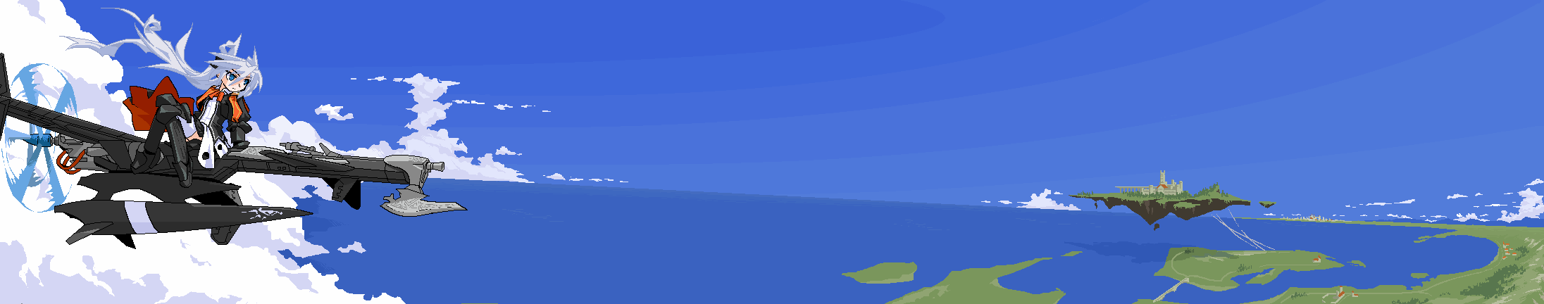 1girl aircraft airplane female_focus floating_island flying highres long_image machine mof mof&#039;s_silver_haired_twintailed_girl oekaki original silver_hair sky solo wide_image