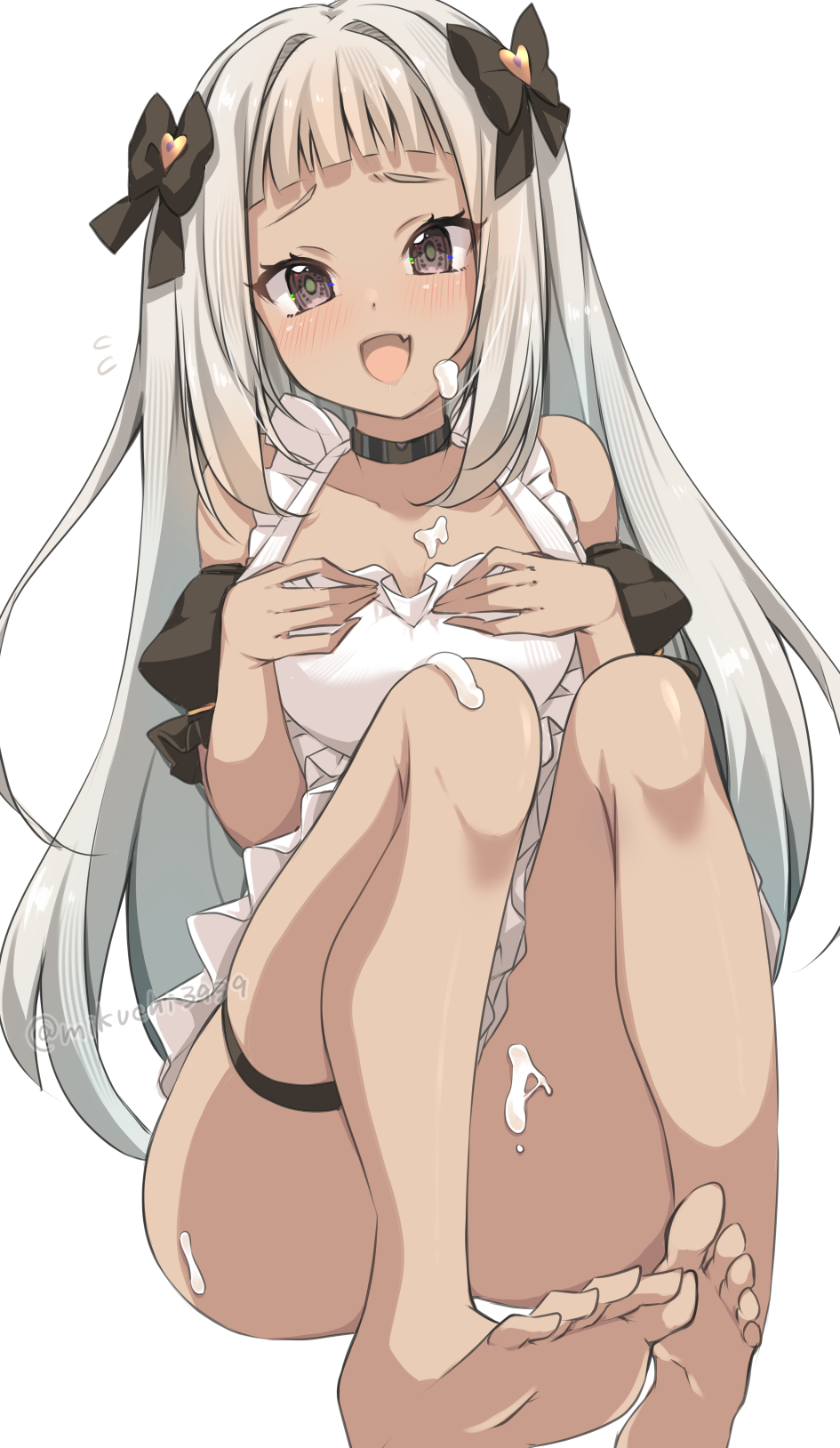 1girl apron azur_lane barefoot black_choker brown_eyes brown_hair choker cream cream_on_body cream_on_face dark-skinned_female dark_skin food food_on_face hair_ribbon hand_on_own_chest highres long_hair looking_at_viewer maid_apron mikuchi3939 nubian_(azur_lane) nubian_(the_modern-day_clumsy_maid_escapade)_(azur_lane) official_alternate_costume open_mouth ribbon sitting smile solo thigh_strap toes white_hair