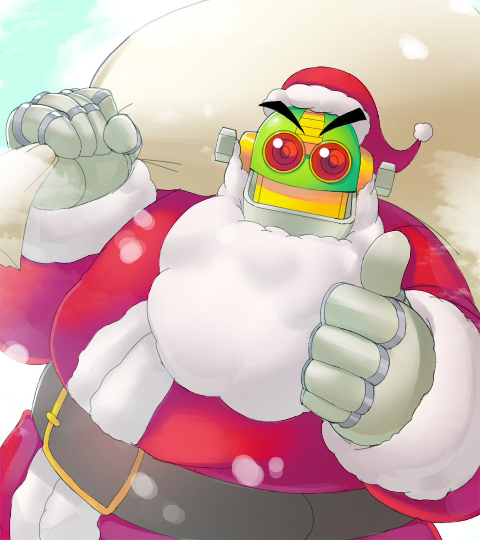 1boy beard belt facial_hair greenmarine hat male_focus mega_man_(classic) mega_man_(series) red_eyes auto_(mega_man) sack santa_costume santa_hat solo thumbs_up
