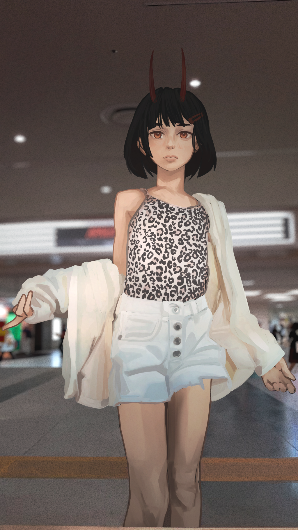 1girl beckoning black_camisole black_hair blunt_bangs blurry blurry_background bob_cut breasts camisole cardigan casual closed_mouth commentary curled_fingers demon_girl demon_horns expressionless hair_ornament hairclip highres horns index_finger_raised katya_(servachok) leopard_print_clothes lips long_sleeves off_shoulder open_cardigan open_clothes original outstretched_hand photo_background print_camisole red_eyes red_horns russian_commentary servachok shirt short_hair single_bare_shoulder skirt sleeveless sleeveless_shirt small_breasts solo torn_clothes torn_skirt walking white_camisole white_cardigan white_skirt