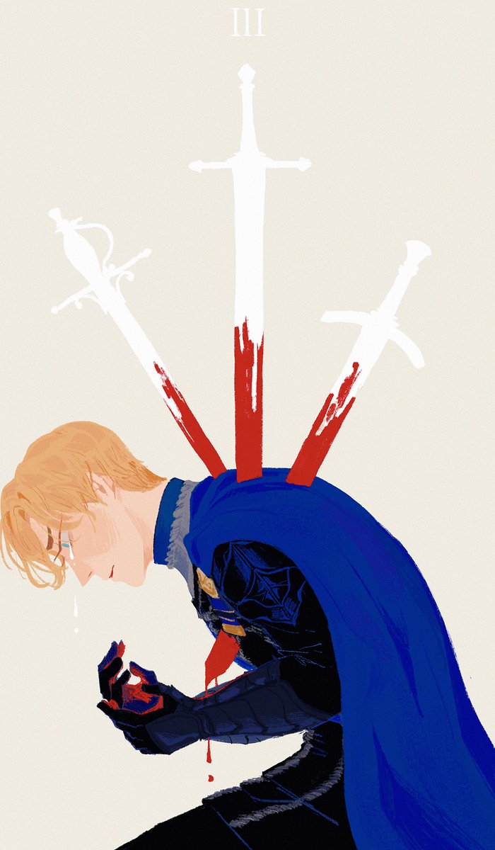 1boy armored_gloves black_gloves blonde_hair blood blood_on_hands bloody_weapon blue_cape blue_eyes cape closed_eyes commentary crying dimitri_alexandre_blaiddyd blood_drip english_commentary feet_out_of_frame fire_emblem fire_emblem:_three_houses garreg_mach_monastery_uniform gloves hands_up highres impaled injury kneeling looking_down male_focus nintendo profile simple_background solo spearmintaii streaming_tears sword tears weapon yellow_background