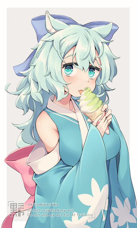 1girl amamiya_kaoruko_(kuromiya) animal_ears aqua_hair blue_bow blue_eyes blue_kimono bow breasts food grey_background hair_bow holding holding_food holding_ice_cream ice_cream japanese_clothes kimono kuromiya large_breasts looking_at_viewer original simple_background solo tongue tongue_out wide_sleeves