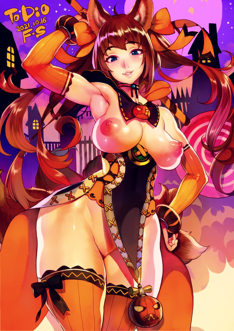 1girl animal_ears arm_behind_head arm_up armpits artist_name bat_(animal) blue_eyes bow breastless_clothes breasts breasts_out brown_hair caleen_keemosn candy choker cloud cloudy_sky dated detached_sleeves dress eyebrows_hidden_by_hair f.s. fence fog food fox_ears fox_girl fox_tail functionally_nude gate hair_bow hair_ribbon halloween halloween_costume hand_on_own_hip highres holding holding_food jack-o&#039;-lantern jack-o&#039;-lantern_ornament large_areolae large_breasts lollipop long_hair looking_at_viewer moon multiple_tails nipples no_bra no_panties open_mouth oversized_food oversized_object pumpkin purple_sky pussy revealing_clothes ribbon runes scowl seductive_smile sharp_teeth signature silhouette sky smile standing star_(sky) star_ocean star_ocean_anamnesis starry_sky tail teeth thick_thighs thighhighs thighs third-party_edit twintails uncensored underboob v-shaped_eyes very_long_hair wide_hips window