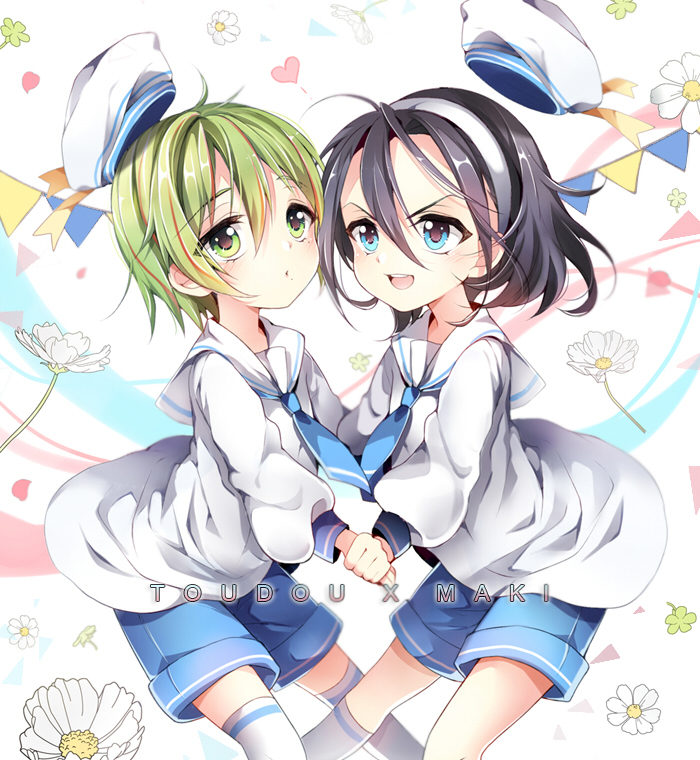 2girls aged_down black_hair blue_eyes blue_necktie blush character_request green_eyes green_hair hairband hat holding_hands kneehighs long_sleeves looking_at_viewer makishima_yuusuke multiple_girls necktie open_mouth parted_lips pingo short_hair smile socks toudou_jinpachi white_hat white_legwear yowamushi_pedal