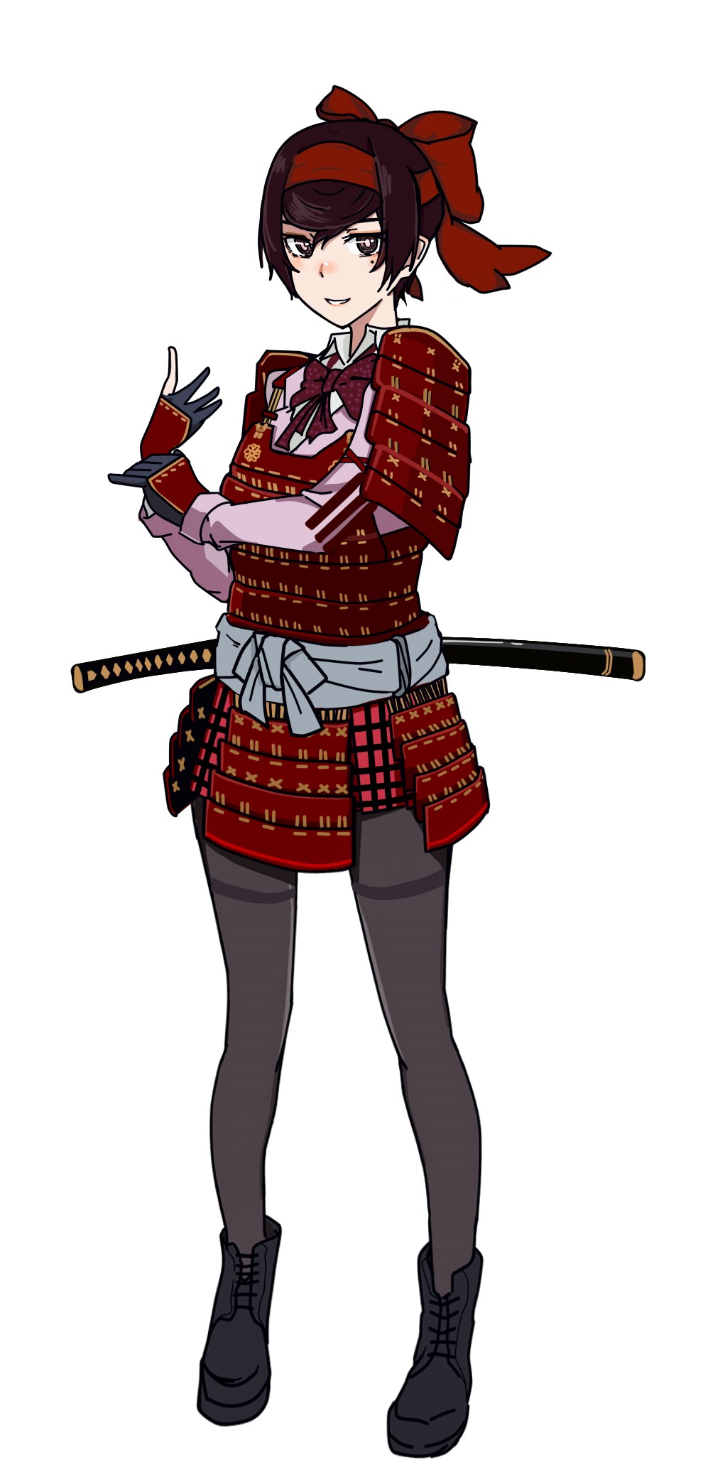 1girl ankle_boots armor black_boots black_eyes black_gloves black_hair boots bow bowtie commentary_request dress_shirt female_focus full_body gauntlets girls_und_panzer girls_und_panzer_ribbon_no_musha gloves hair_bow hair_ribbon highres jacket japanese_armor katana korean_commentary large_bow looking_at_viewer miniskirt mole mole_under_eye obi pantyhose parted_lips partial_commentary pauldrons plaid_clothes plaid_skirt polka_dot_neckwear purple_jacket red_bow red_bowtie red_eyes red_ribbon red_skirt ribbon sash school_uniform shirt short_hair shoulder_armor simple_background skirt smile solo standing sword tatenashi_high_school_uniform tsuruki_shizuka wani_(perfect_han) weapon white_background white_shirt