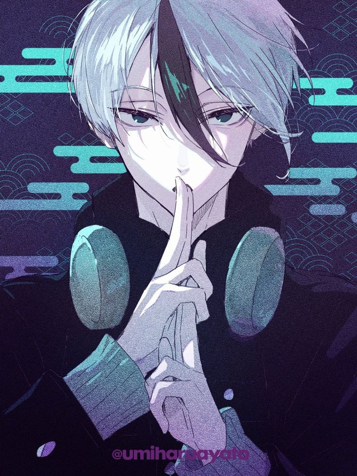 1boy arms_up black_sweater blue_background blue_eyes blue_lock green_hair headphones multicolored_hair open_mouth otoya_eita sweater two-tone_hair white_hair