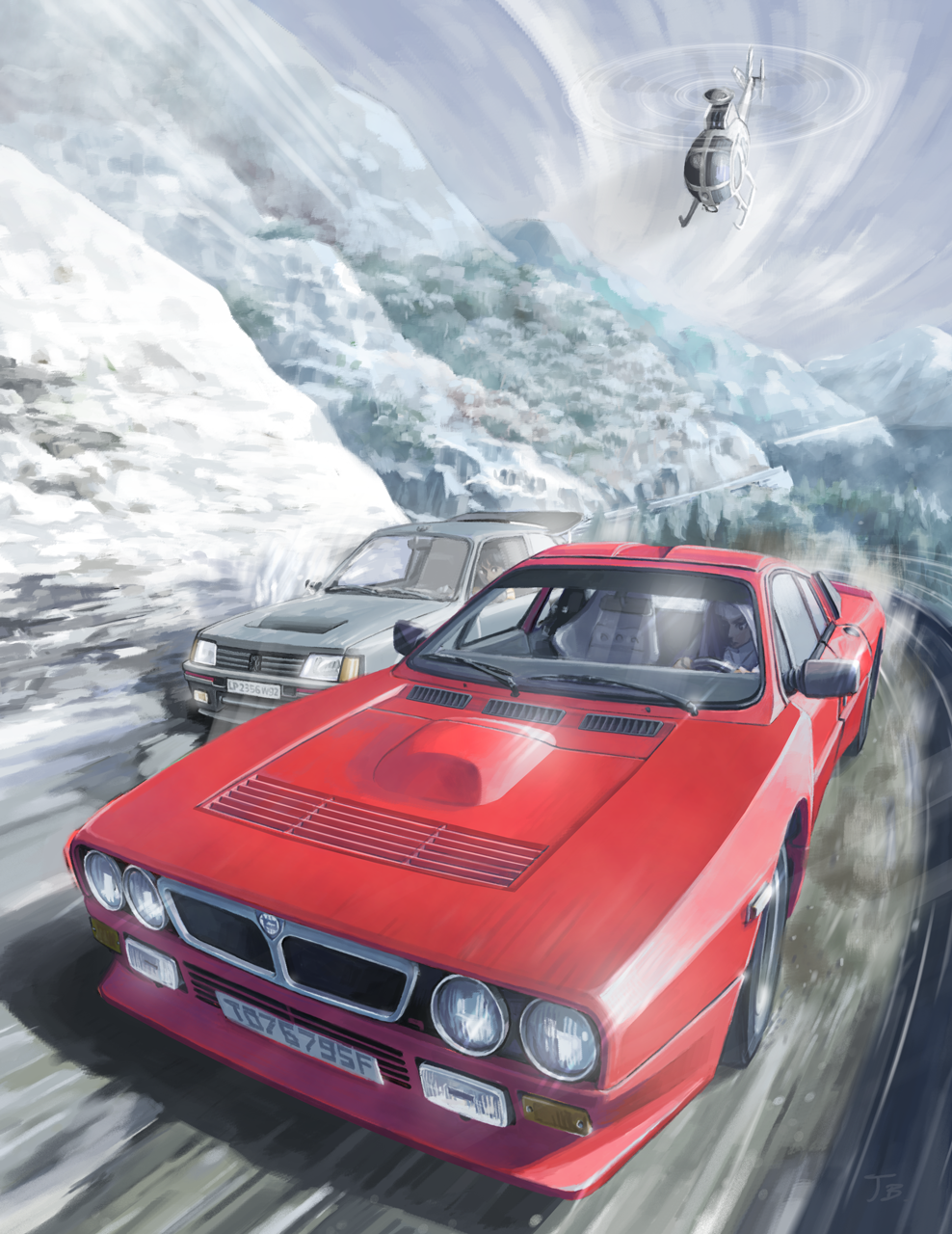 2boys aircraft car chasing commentary_request dark_skin goddamn_(1990) helicopter highres hood hood_up jettoburikku lancia_(brand) lancia_037 looking_to_the_side motion_blur motor_vehicle mountain multiple_boys partial_commentary peugeot peugeot_205 race_vehicle racecar racing rally_car snow vehicle_chase vehicle_focus