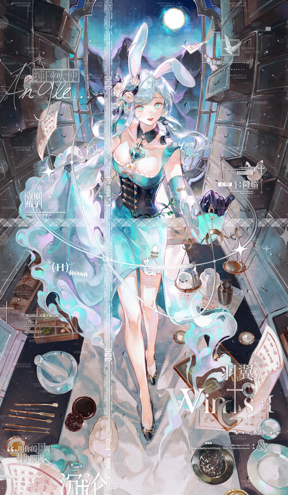 1girl animal_ears aqua_dress blue_dress blue_hair book breasts cleavage corset cup dress elbow_gloves english_text floating flower full_body full_moon gloves hair_flower hair_ornament highres holding indoors jewelry long_hair looking_at_viewer moon night night_sky open_book open_mouth original paper qian_shushushu quill rabbit_ears saucer sky smile solo star_(sky) tea teacup teapot white_gloves window