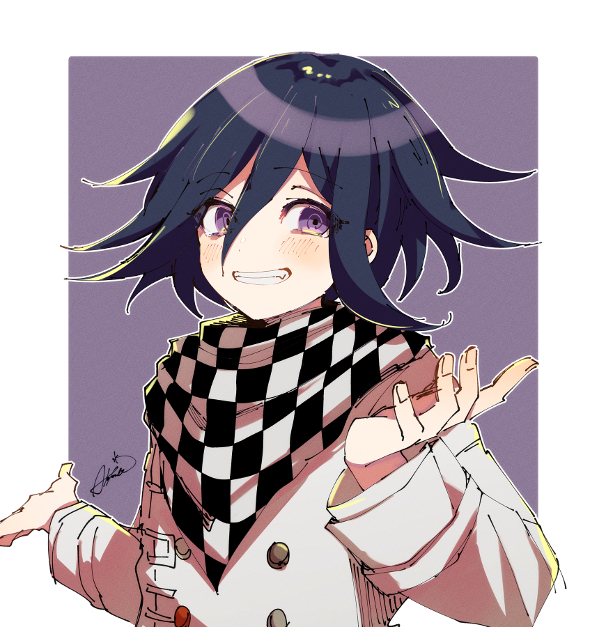 1boy aka_tonbo_(lililil) black_hair blush buttons checkered_clothes checkered_scarf danganronpa_(series) danganronpa_v3:_killing_harmony double-breasted fang grin hair_between_eyes hands_up jacket long_sleeves male_focus oma_kokichi outline purple_background purple_eyes scarf signature smile teeth upper_body white_background white_outline