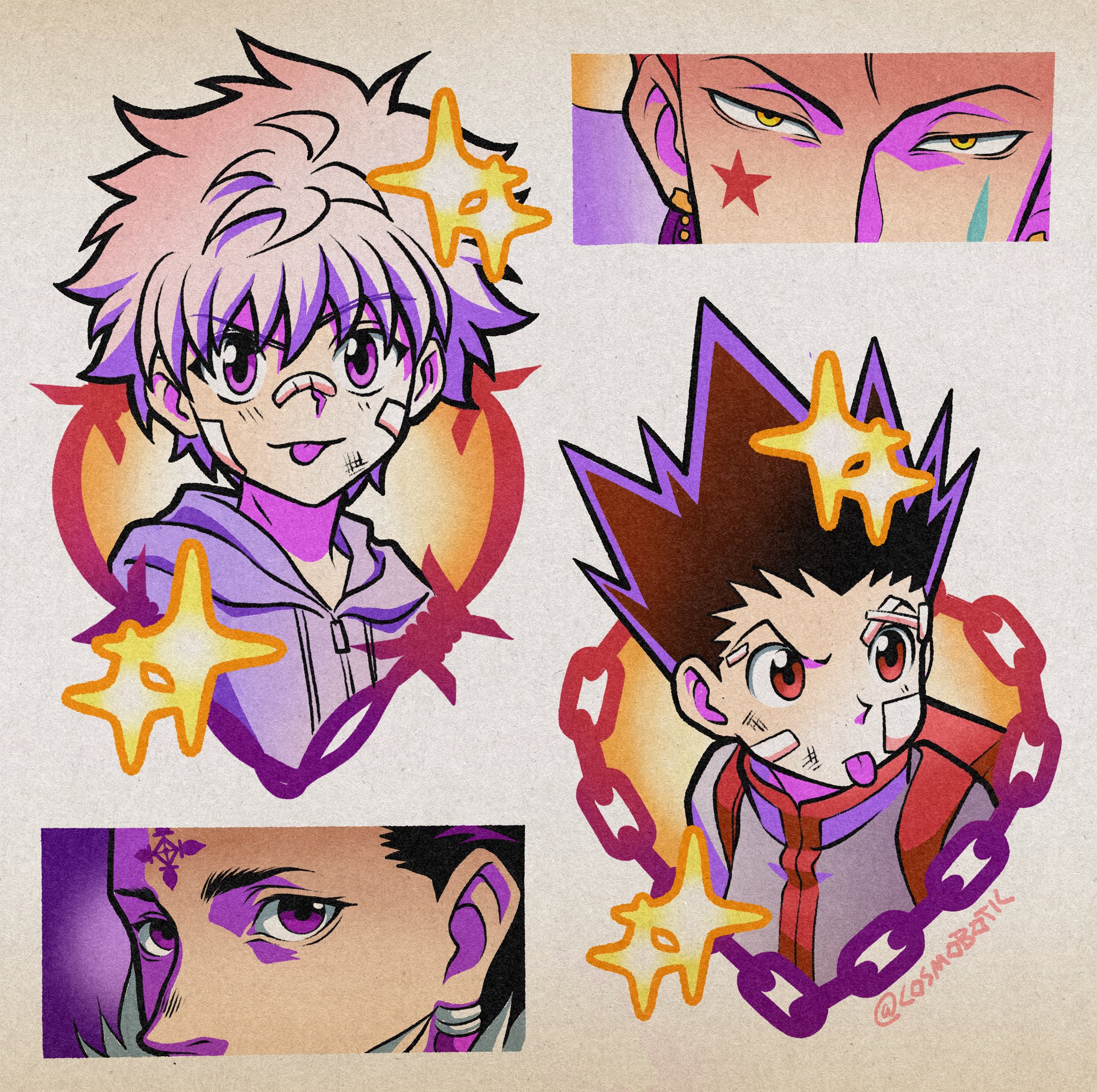 4boys bandage_on_face bandages chrollo_lucilfer csmbtc facial_mark gon_freecss highres hisoka_morow hunter_x_hunter killua_zoldyck male_focus multiple_boys pink_eyes red_eyes sparkle spiked_hair star_(symbol) star_facial_mark teardrop_facial_mark tongue tongue_out yellow_eyes zipper_pull_tab