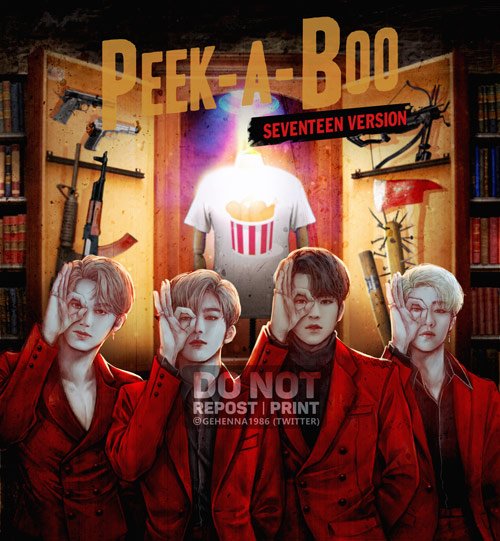 4boys black_shirt blonde_hair closed_mouth commentary earrings gehenna1986 gun jacket jewelry jun_(seventeen) k-pop looking_at_viewer male_focus mingyu multiple_boys real_life red_jacket red_velvet_(group) red_vest seventeen_(group) shirt short_hair song_name the8_(seventeen) twitter_username upper_body vest weapon wonwoo