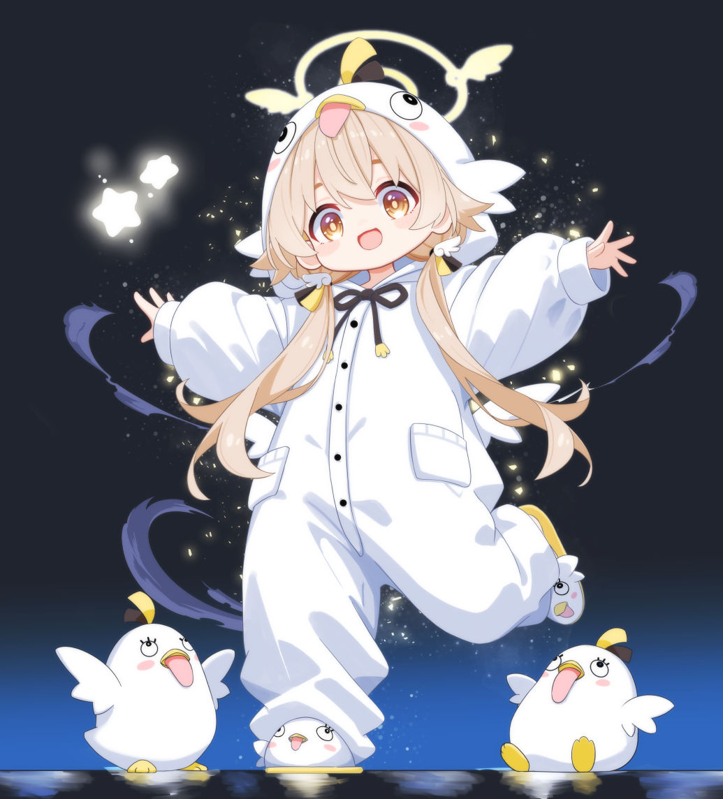 1girl blue_archive brown_hair commentary_request cosplay full_body halo hifumi_(blue_archive) hood hood_up kigurumi long_hair long_sleeves mutsuse open_mouth paid_reward_available peroro_(blue_archive) puffy_long_sleeves puffy_sleeves twintails very_long_hair yellow_halo