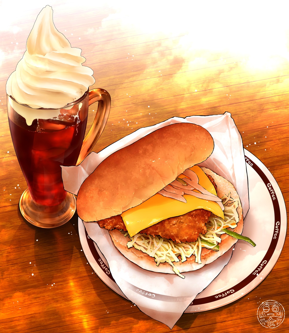 artist_logo bread bread_bun burger cheese coffee commentary_request cream cup drinking_glass fast_food fish_(food) food food_focus food_wrapper fried_fish green_bean lettuce logo no_humans ooranokohaku original plate still_life table vegetable wooden_table