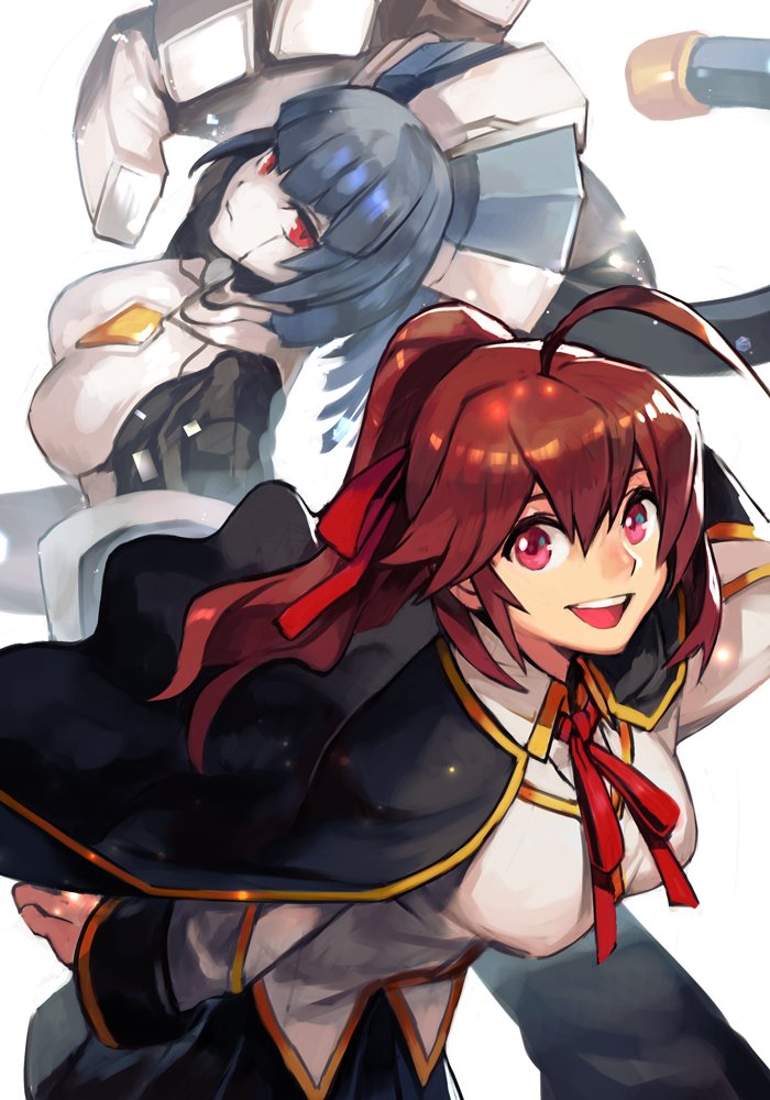 2girls :d ahoge black_cape black_skirt blazblue blazblue_phase_0 breasts brown_hair cape celica_a._mercury closed_mouth collared_shirt hair_ribbon hungry_clicker large_breasts long_sleeves looking_at_viewer minerva_(blazblue) multiple_girls neck_ribbon open_mouth pleated_skirt ponytail red_eyes red_ribbon ribbon robot shirt simple_background skirt smile teeth upper_teeth_only white_background white_shirt