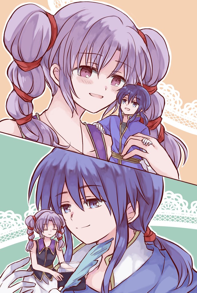 1boy 1girl blue_eyes blue_hair closed_eyes fire_emblem fire_emblem:_genealogy_of_the_holy_war gloves kitano_373 nintendo ponytail purple_eyes purple_hair seliph_(fire_emblem) smile tine_(fire_emblem) twintails