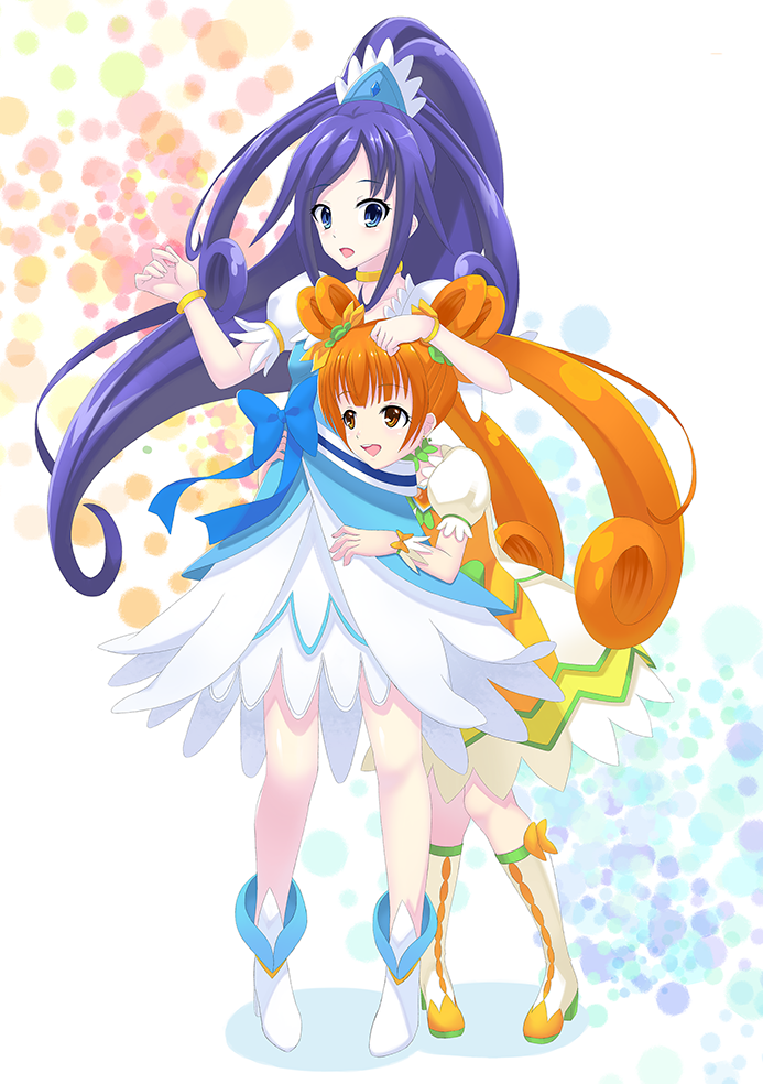 aono_hoshi blue_dress blue_eyes blue_hair boots bow bracelet brooch brown_hair choker clover_earrings crystal_earrings cure_diamond cure_rosetta dokidoki!_precure double_bun dress earrings full_body green_choker hair_bun hair_ornament heart heart_brooch high_ponytail hishikawa_rikka hug hug_from_behind jewelry long_hair magical_girl open_mouth ponytail precure ribbon short_sleeves twintails waist_bow white_background wrist_cuffs yellow_choker yellow_dress yotsuba_alice