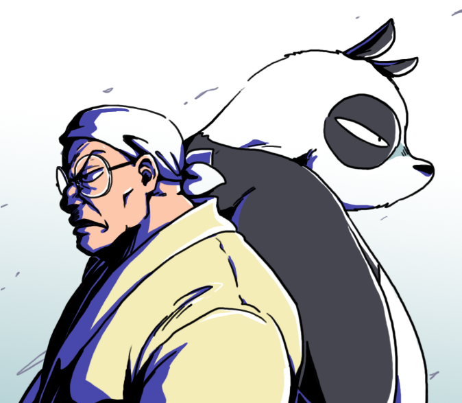 1boy animal back-to-back dual_persona glasses panda ranma_1/2 saotome_genma saotome_genma_(panda) serious simple_background size_difference standing wanta_(futoshi)