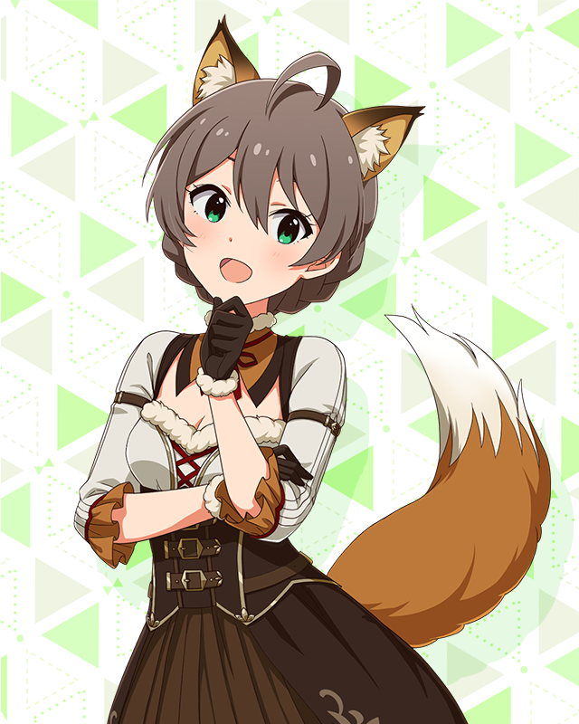 1girl :d ahoge animal_ear_fluff animal_ears blush bodice braid breasts brown_dress brown_gloves brown_hair cleavage clenched_hand detached_collar dirndl dot_nose dress eyelashes fake_animal_ears fox_ears fox_tail frilled_sleeves frills fur-trimmed_collar fur-trimmed_gloves fur_trim german_clothes gloves green_eyes hand_on_own_arm hand_on_own_chin head_tilt idolmaster idolmaster_million_live! idolmaster_million_live!_theater_days konkon_comfort_(idolmaster) medium_breasts neck_ribbon official_alternate_costume official_art open_mouth ribbon sakuramori_kaori shirt sleeveless sleeveless_dress three-quarter_sleeves smile solo tail triangle_background underbust white_shirt