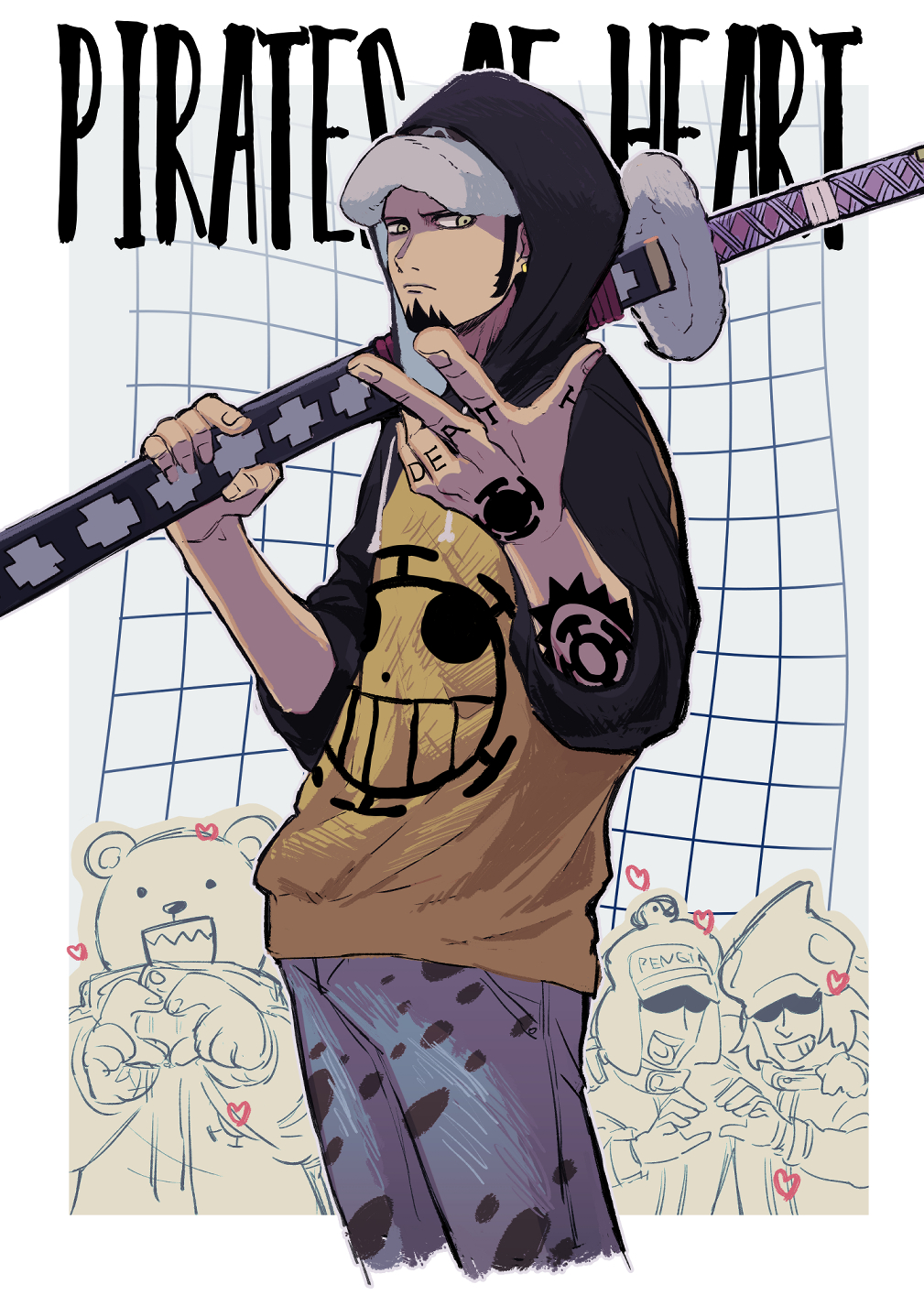 4boys arm_tattoo bepo_(one_piece) black_hair black_sleeves blue_pants chikiso earrings facial_hair finger_tattoo fur_hat goatee hand_tattoo hat heart_pirates_jolly_roger highres holding holding_sword holding_weapon hood hood_up hoodie jewelry long_sideburns male_focus multiple_boys one_piece pants penguin_(one_piece) shachi_(one_piece) short_hair sideburns simple_background solo_focus standing sword tattoo trafalgar_law upper_body weapon white_background yellow_eyes yellow_hoodie