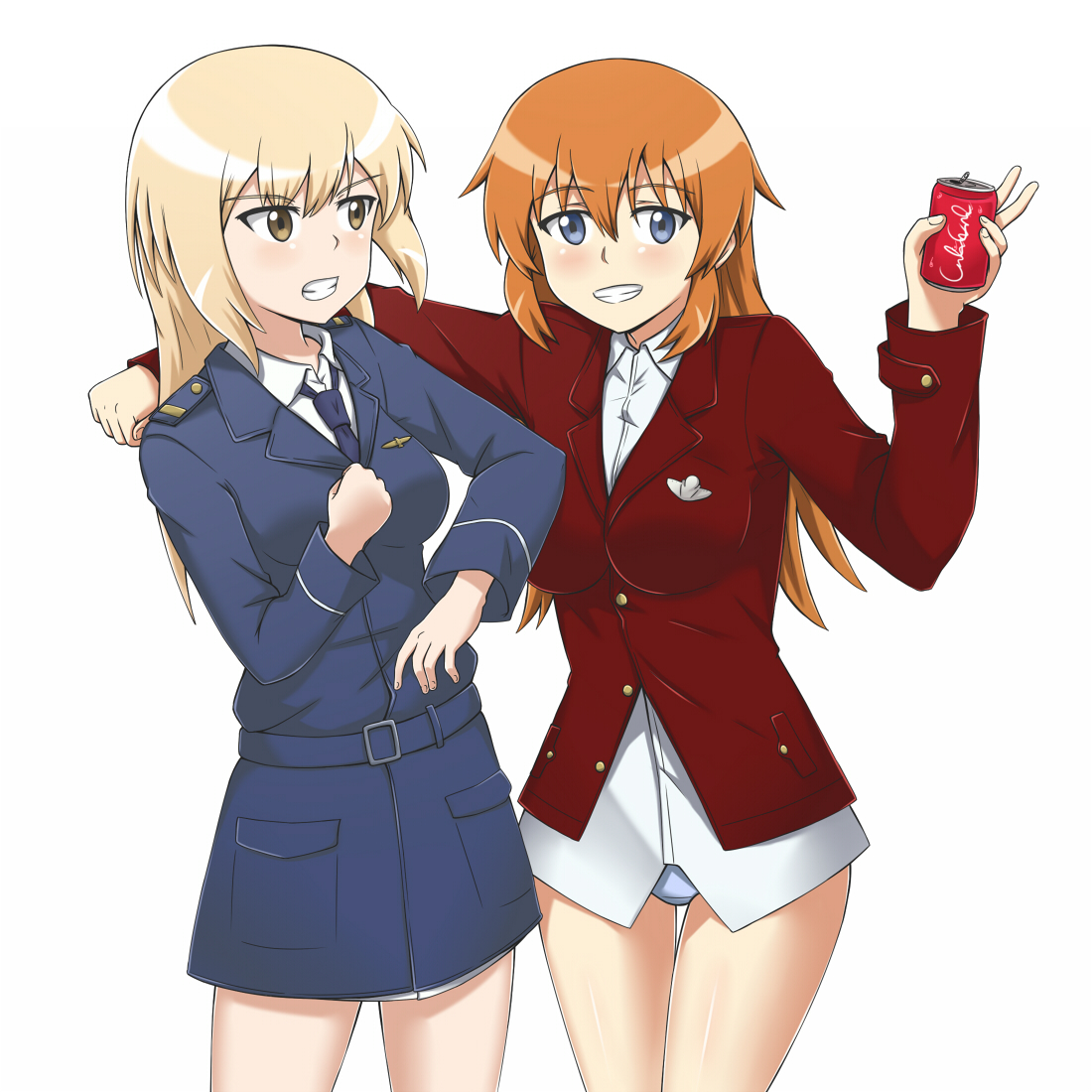 2girls blonde_hair can charlotte_e._yeager drink_can marian_e._carl multiple_girls noble_witches orange_hair soda_can strike_witches world_witches_series