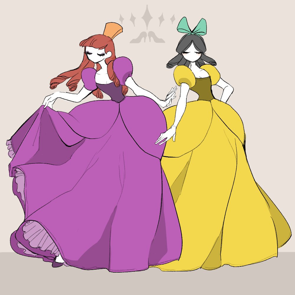2girls anastasia_tremaine black_hair blunt_bangs cinderella commentary_request dress drill_hair drizella_tremaine full_body green_dress hand_on_own_hip long_dress multiple_girls puffy_short_sleeves puffy_sleeves purple_dress purple_footwear red_hair saika_usagi shoes short_sleeves siblings simple_background sisters skirt_hold sparkle
