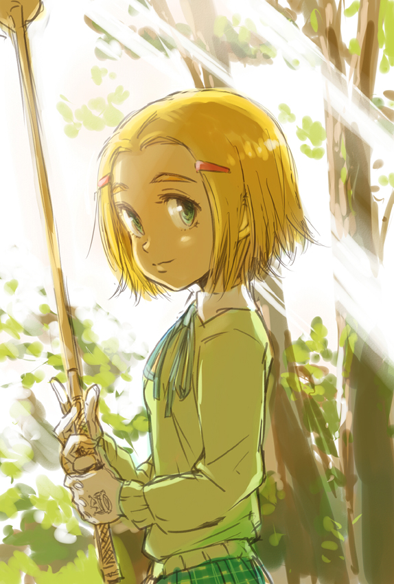 1girl dappled_sunlight golf golf_club hirokazu holding holding_golf_club light_rays looking_at_viewer percival_lawrence rising_impact solo sunlight