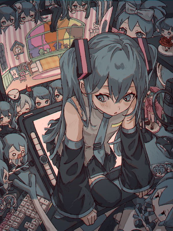 6+girls :o bare_shoulders black_skirt black_thighhighs blue_eyes blue_hair blue_necktie blue_trim bright_pupils character_doll computer_keyboard computer_mouse crossed_bangs desk detached_sleeves drawing_tablet figure from_above fuwa_fuwa_cinnamoroll grey_shirt hatsune_miku hatsune_miku_(ichi_no_sakura_oka) hatsune_miku_(supreme) indoors long_hair looking_down mini_person minigirl monitor multiple_girls multiple_persona necktie open_mouth otaku_room sanrio shinkai_shoujo_(vocaloid) shirt sitting skirt sleeveless sleeveless_shirt spring_onion thighhighs through_medium through_screen tomoja_rs twintails vocaloid white_pupils