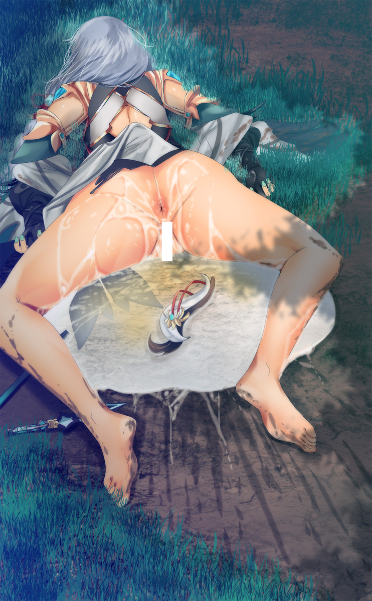 1girl aftersex anus bad_id bad_twitter_id barefoot bodysuit braid censored cum cum_pool dirty dirty_feet face_down fumihiko_(fu_mihi_ko) genshin_impact grass highres long_hair mud outdoors pee shenhe_(genshin_impact) silver_hair sweat