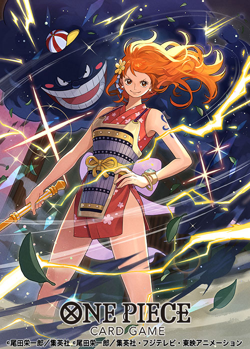 1girl armor bangle bare_shoulders bracelet brown_eyes clima-tact closed_mouth cloud commentary_request copyright_name dust_cloud earrings electricity falling_leaves feet_out_of_frame floating_hair floral_print floral_print_kimono flower hair_flower hair_ornament hand_on_own_hip hat holding holding_staff japanese_armor japanese_clothes jewelry kimono leaf log_pose long_hair looking_at_viewer mini_hat nami_(one_piece) nami_(one_piece)_(onigashima) official_alternate_costume official_art one_piece one_piece_card_game orange_hair otton pearl_earrings print_kimono red_kimono short_kimono shoulder_tattoo sleeveless sleeveless_kimono smile sparkle staff tattoo v-shaped_eyebrows zeus_(one_piece)