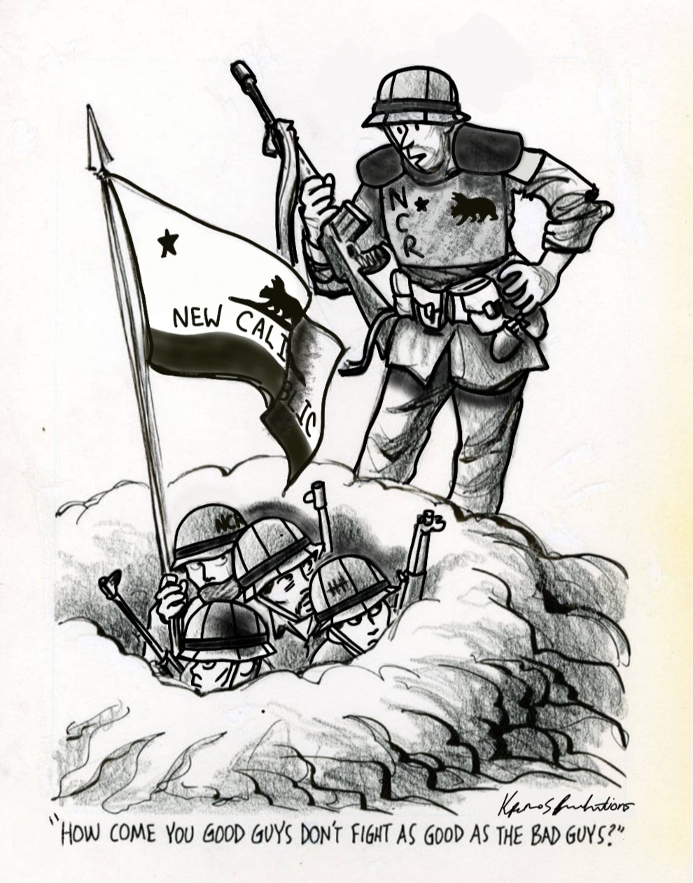 5boys english_text fallout:_new_vegas fallout flag flagpole foxhole greyscale gun hand_on_own_hip helmet highres holding holding_gun holding_weapon kronos_co monochrome multiple_boys ncr_trooper new_california_republic new_california_republic_flag pith_helmet political_cartoon retro_artstyle rifle soldier weapon