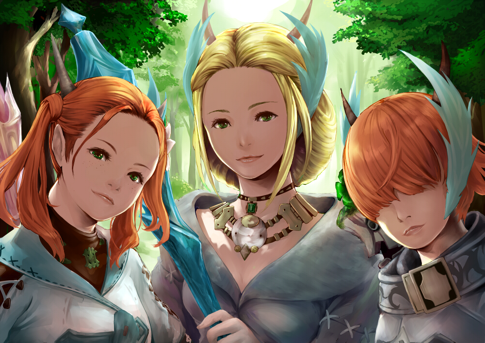 1boy 2girls a-ruhn-senna blonde_hair brother_and_sister commentary_request feather_hair_ornament feathers final_fantasy final_fantasy_xiv flower forest freckles green_eyes feather_hair_ornament hair_flower hair_ornament hair_over_eyes head_tilt horns jewelry kan-e-senna light_smile looking_at_viewer multiple_girls nature necklace orange_hair outdoors padjal pomeroxu raya-o-senna short_hair siblings sisters tree twintails