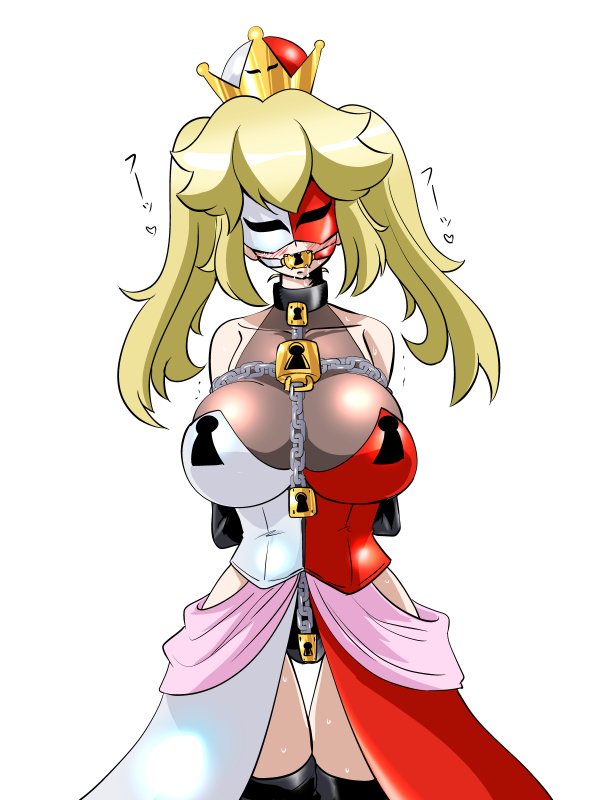 1girl arms_behind_back bdsm blonde_hair bondage bound breasts chain commentary_request corset crown drooling female_focus gag keyhole large_breasts lock long_hair mario_(series) mask mouth_mask new_super_mario_bros._u_deluxe nintendo personification phanto restrained solo super_crown thighhighs trembling twintails wabuki_(ochigan)
