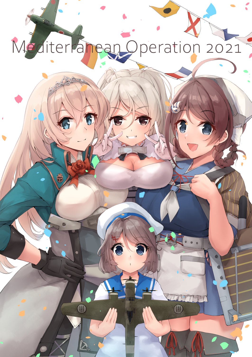 4girls ahoge aircraft airplane apron black_gloves black_hair black_legwear blonde_hair blue_eyes blue_skirt braid braided_hair_rings breasts brown_eyes brown_hair brown_shawl chougei_(kancolle) cleavage cleavage_cutout closed_mouth clothing_cutout conte_di_cavour_(kancolle) conte_di_cavour_nuovo_(kancolle) double_v flag flags_of_all_nations flower gloves grey_hair grin hair_between_eyes hair_ornament hair_rings hairband hairclip hat highres japanese_clothes k_jie kaiboukan_no._30_(kancolle) kantai_collection large_breasts long_hair long_sleeves multiple_girls neckerchief open_mouth pleated_skirt red_flower red_ribbon red_rose ribbon rose sailor_hat shawl short_hair simple_background skirt smile string_of_flags thighhighs tiara twin_braids v victorious_(kancolle) waist_apron white_apron white_background white_headwear white_neckerchief x_hair_ornament