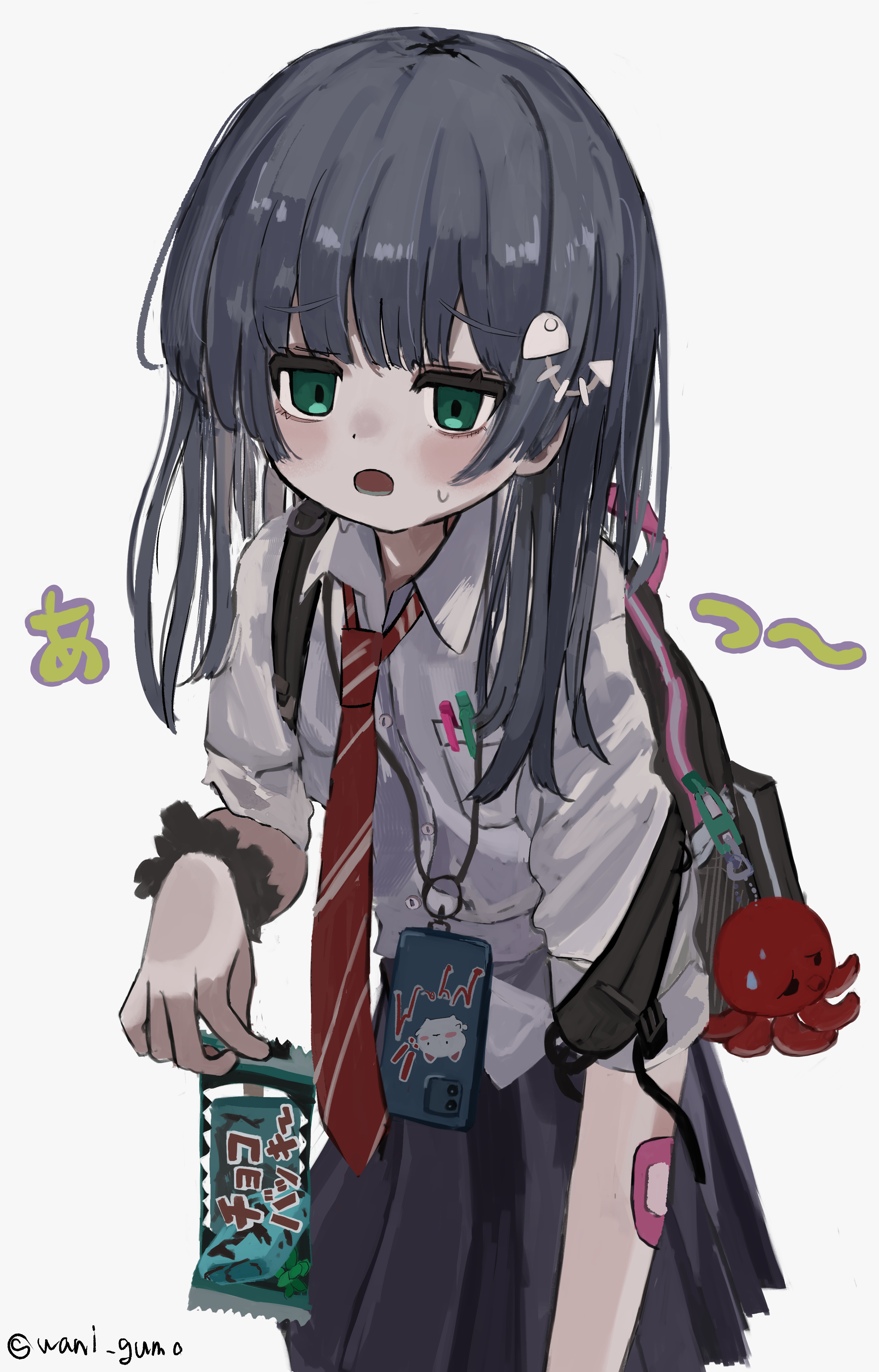 1girl :o absurdres backpack bag bag_charm black_hair black_skirt breast_pocket candy cellphone charm_(object) collared_shirt cowboy_shot dot_nose fish_skeleton_hair_ornament food green_eyes highres holding holding_candy holding_food ice_cream ice_cream_bar jitome lanyard leaning_forward long_hair long_sleeves looking_at_viewer lower_teeth_only necktie open_mouth original phone pleated_skirt pocket red_necktie school_uniform scrunchie shirt sidelocks simple_background skirt sleeves_rolled_up smartphone solo straight_hair strap_slip striped_necktie sweat teeth wanigumo white_background white_shirt wrist_scrunchie