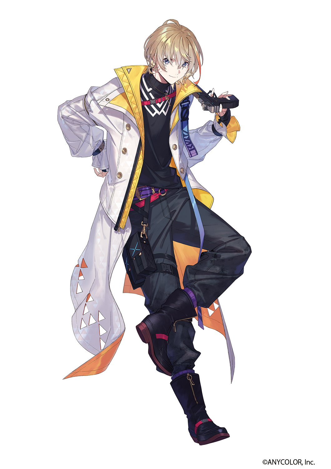 1boy ahoge belt belt_buckle black_boots black_pants black_shirt blonde_hair blue_eyes boots buckle buttons chest_harness closed_mouth coat commentary_request company_name copyright_notice ebira fura_kanato fura_kanato_(1st_costume) gold_necklace gun hair_between_eyes hand_up handgun harness highres holding holding_gun holding_weapon jewelry long_sleeves looking_at_viewer male_focus multicolored_hair necklace nijisanji official_art open_clothes open_coat orange_hair pants pouch purple_belt second-party_source shirt short_hair simple_background sleeves_past_wrists smile solo streaked_hair thigh_pouch thigh_strap turtleneck two-sided_coat two-sided_fabric v-shaped_eyebrows virtual_youtuber weapon white_background white_coat